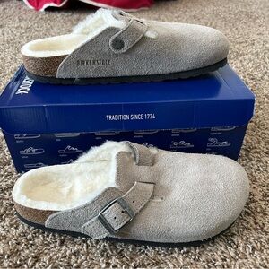 Birkenstock Gray Mules with Shearling Lining